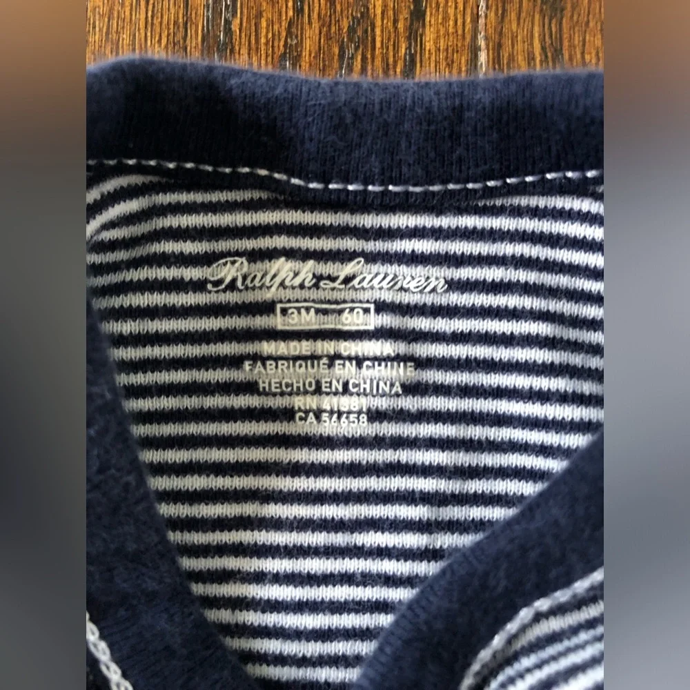 Ralph Lauren Infant Boys 3M Navy Blue/White Striped Footed Mittens One Piece